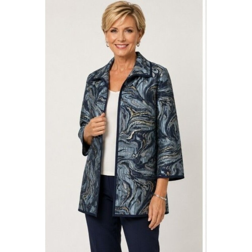 Chico's Travelers Jacquard Swirl Jacket India Ink Open Front Size 0 (US S)